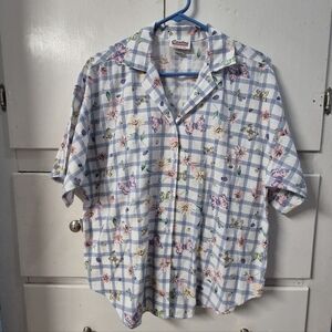 Vtg Caribou Shirt Womens L  Button Up Flower Checkered Butterfly Grandmacore